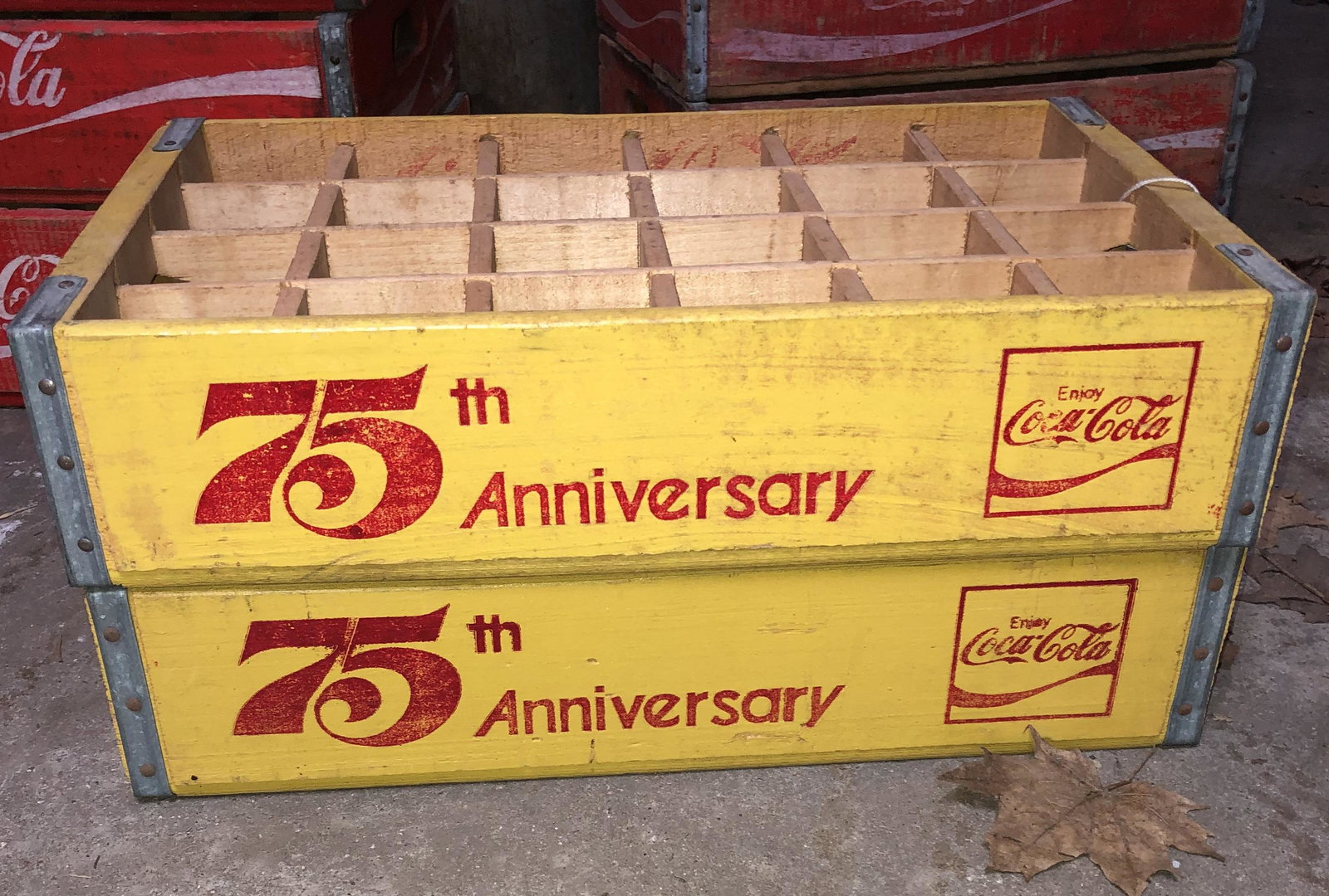 Yellow Coca-Cola Wood Cases: 2 75th Aniversary Enjoy Coca-Cola cases