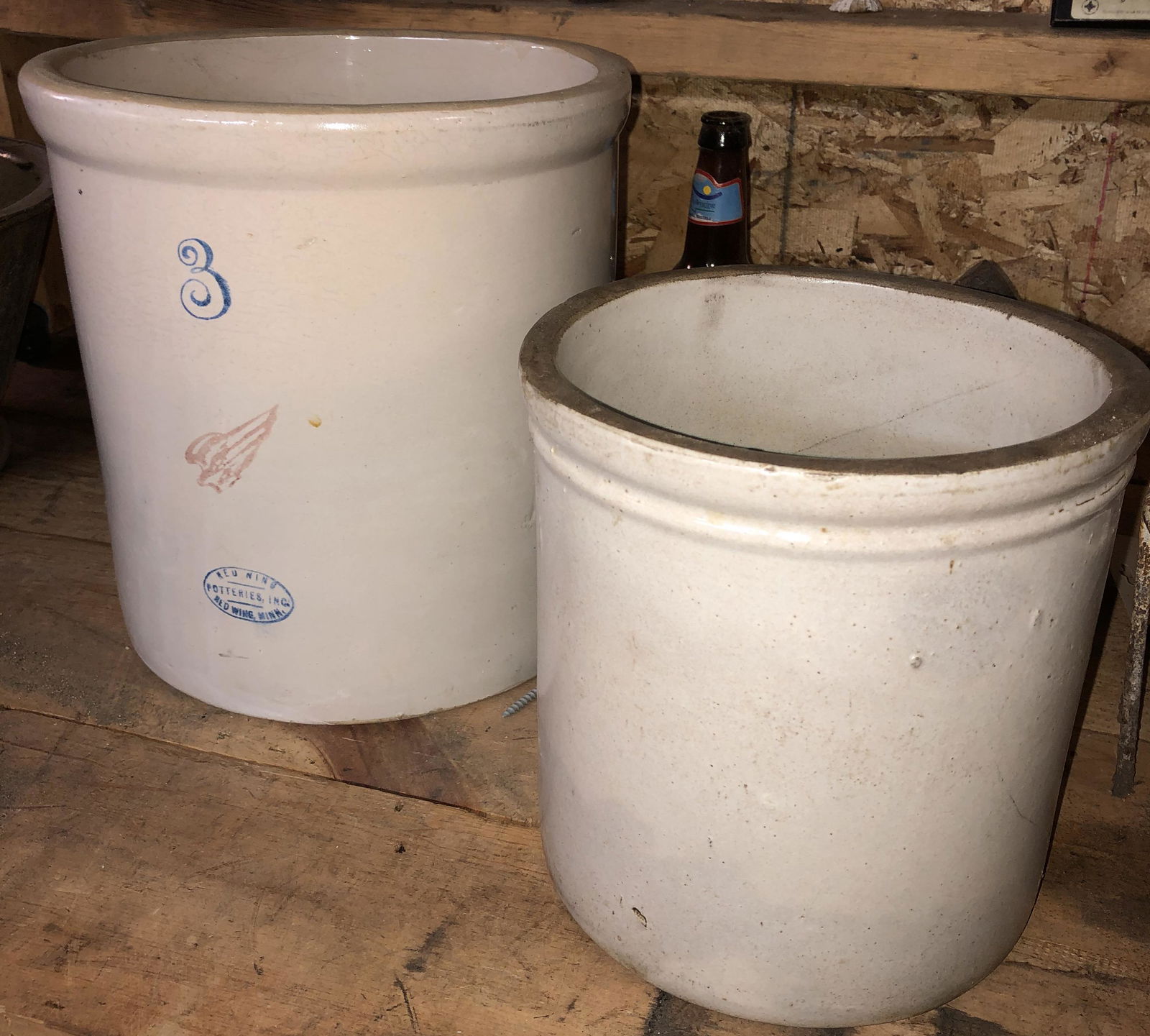3 Gallon Red Wing Crock & 1 Plain crock: # GL has crack