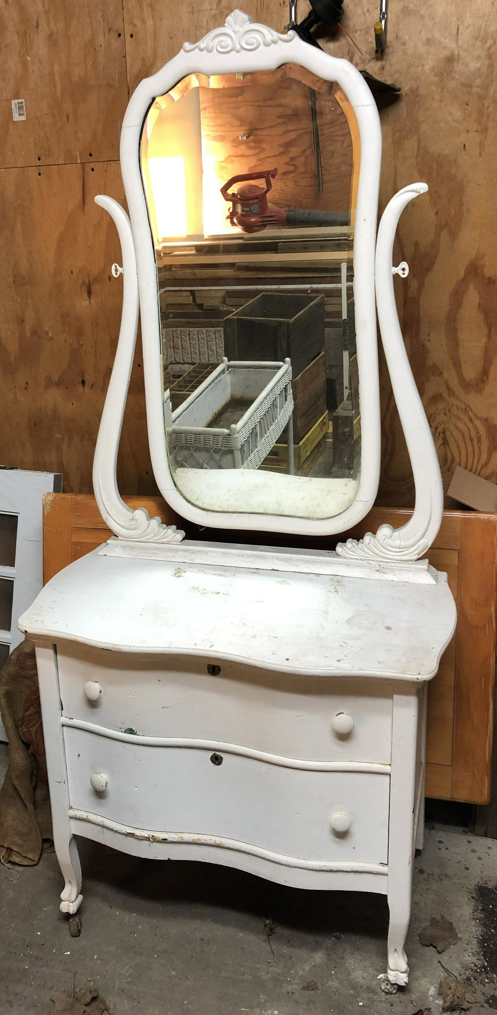 Antique Princess Dresser: Painted white, claw feet, mirror brackets missing