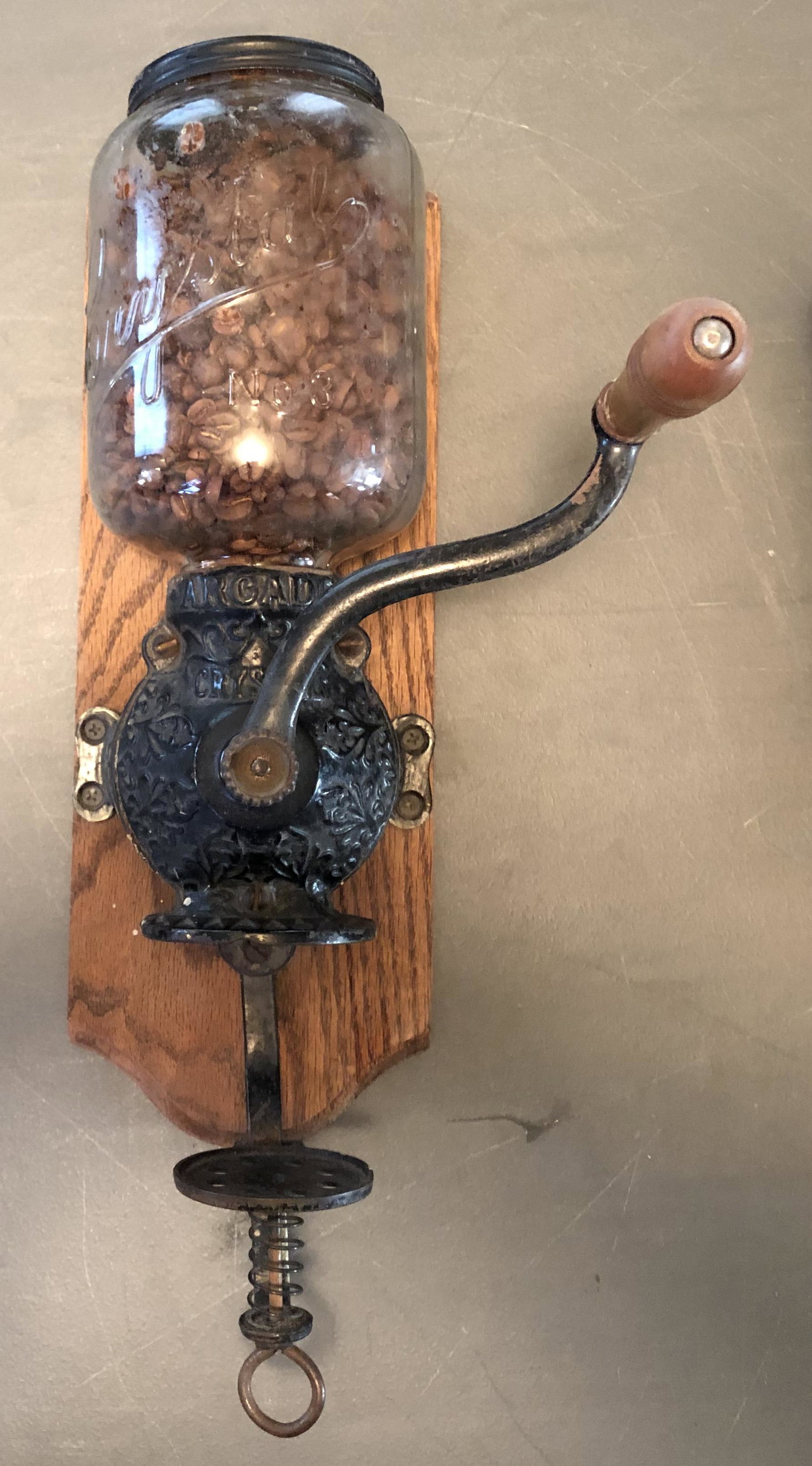Arcade Coffee Mill: Crystal Glass Jar & Arcade Tin lid, with oak wood mounting board