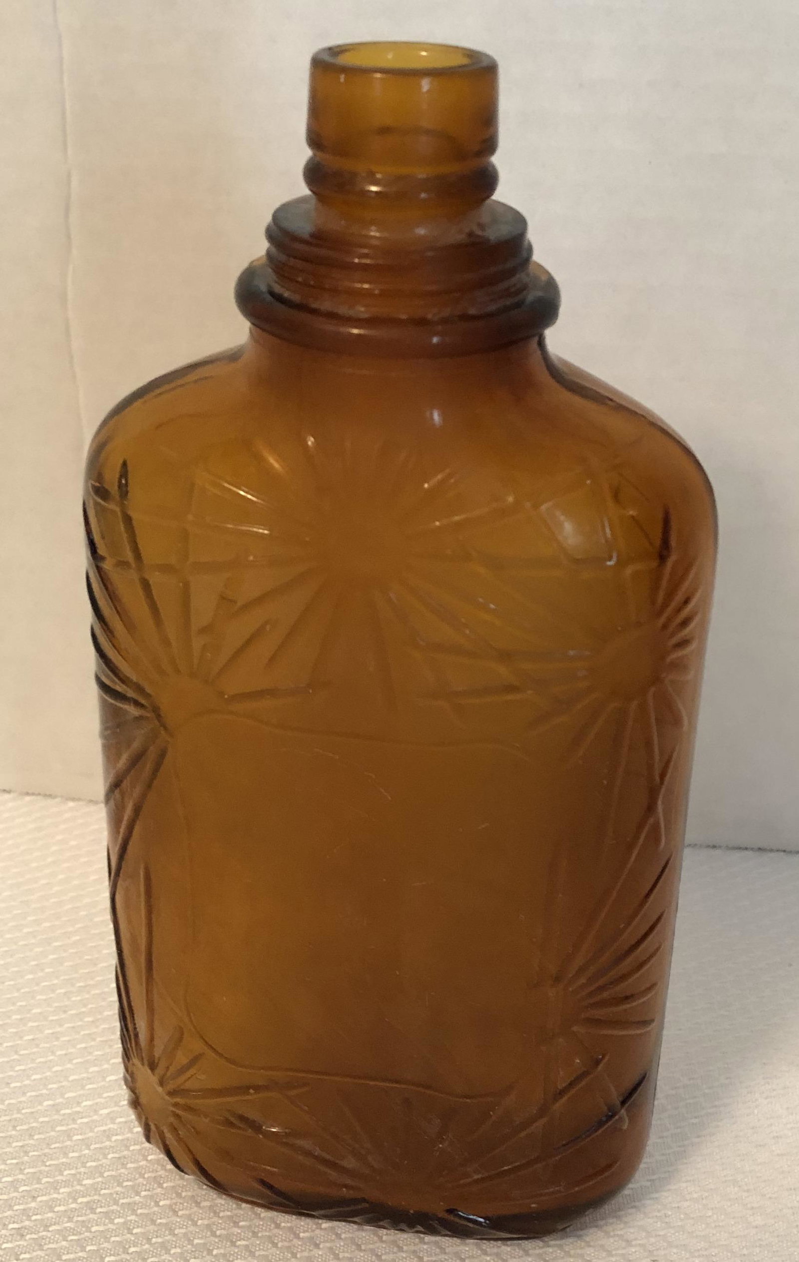 Vintage Amber Spirits Bottle: With Spider Web pattern & label area