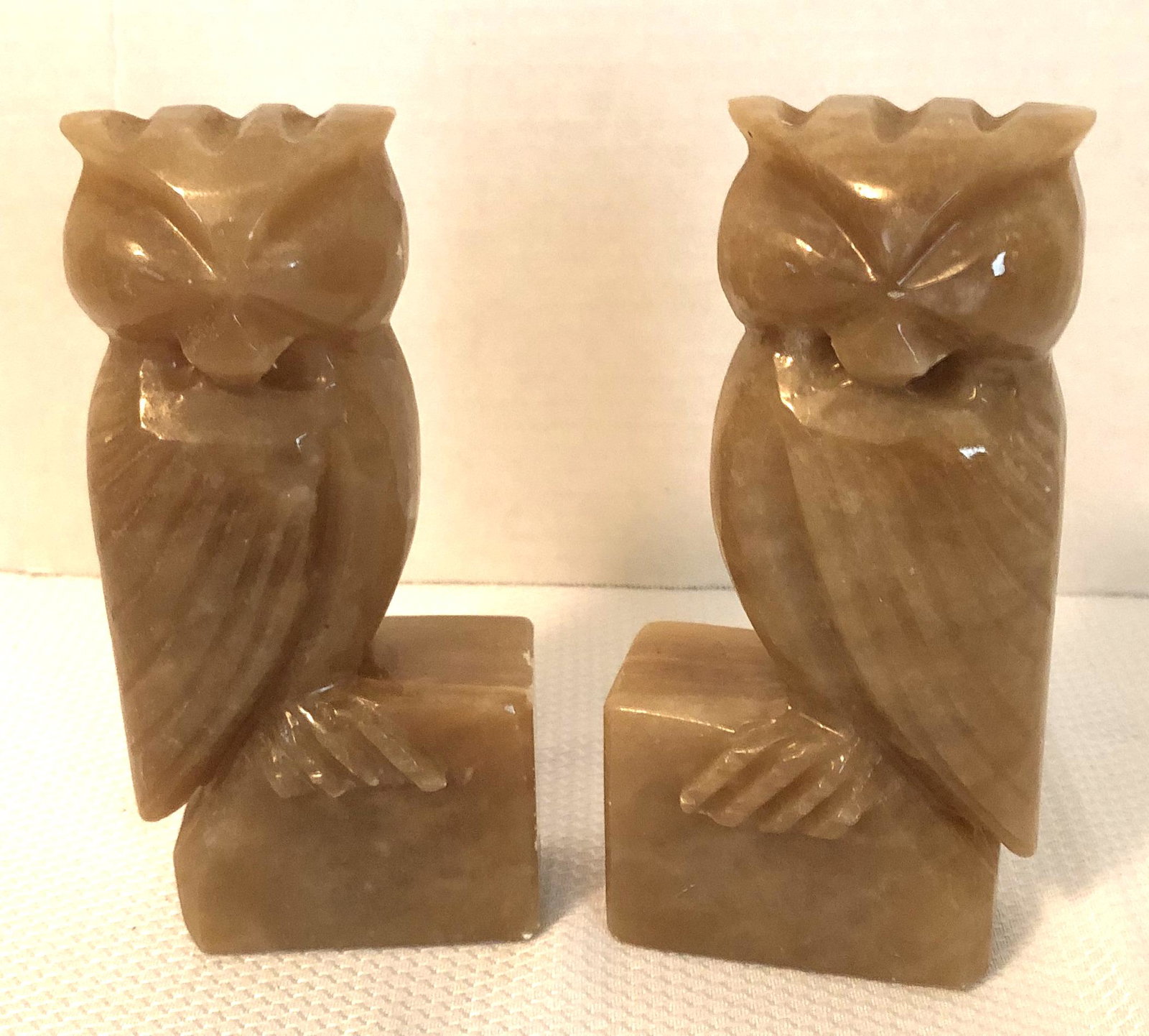 Owl Bookends: Pair of alabaster or marble