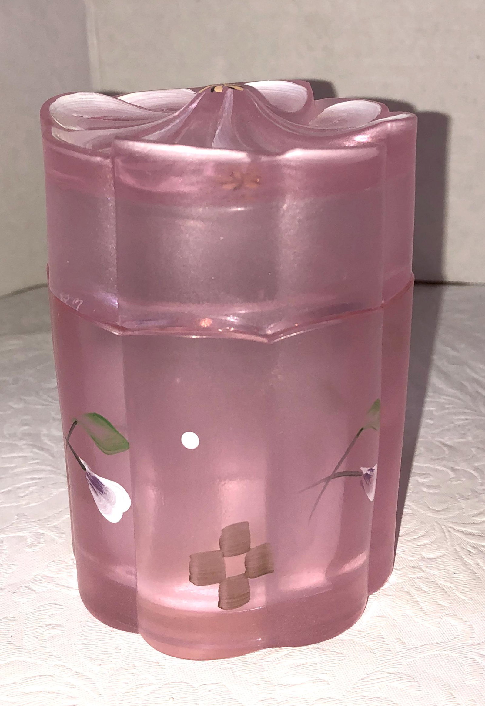 Fenton Frosted glass covered jar: Aprox 4" tall signed and marked with a butterfly