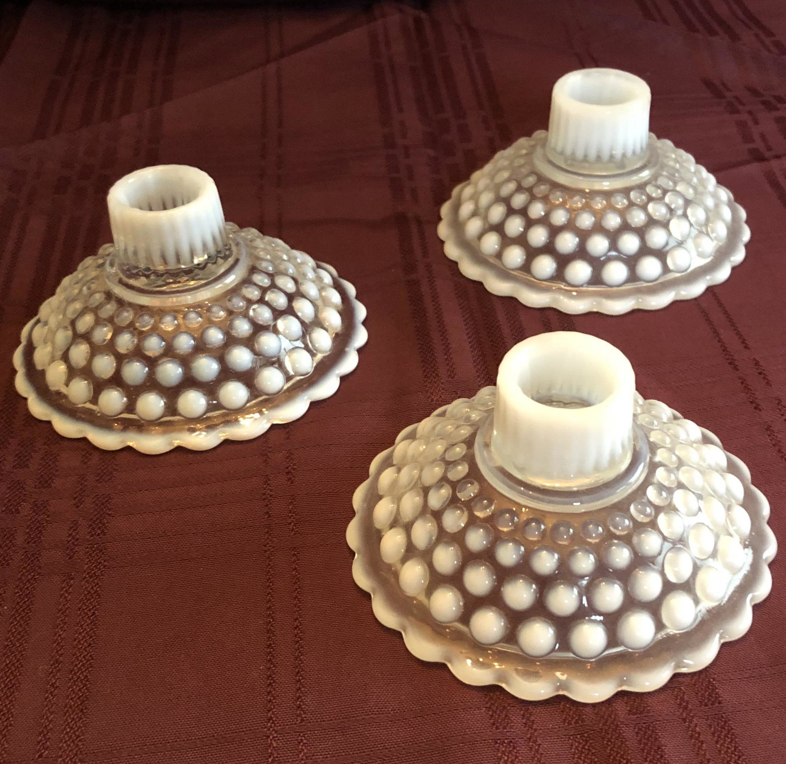 Fenton White Opalescent Hobnail: 3 candle holders
