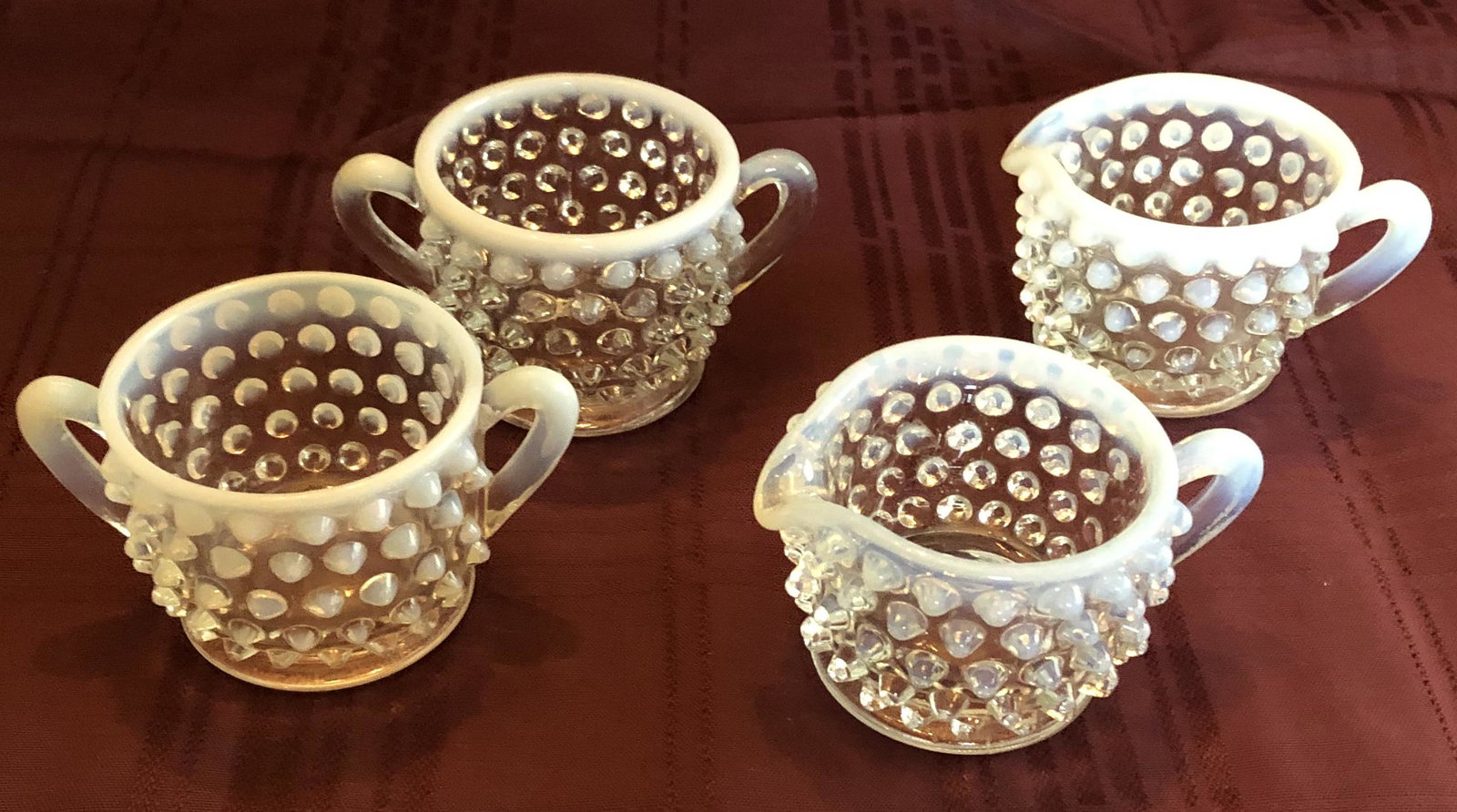 Fenton White Opalescent Hobnail: 2 sets of small cream & sugar see photos