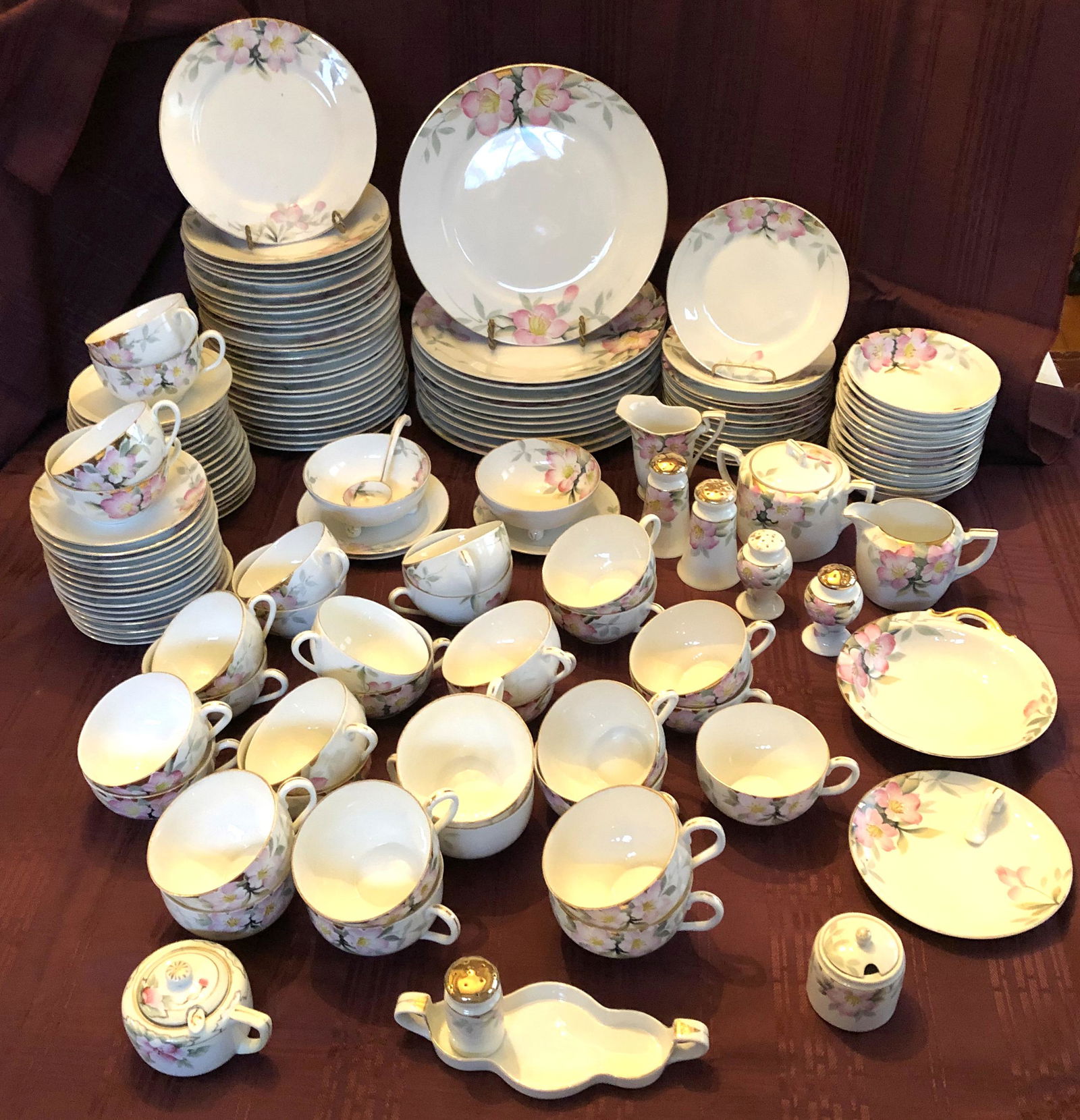 143 Piece Hand Painted Azalea Pattern China Set: These are mostly Noritake, but some Nippon, 13 5-1/4" bowls, 13 6-1/2" Bread & Butter plates, 12 Dinner Plates 10", 26 7-1/2" salad plates, 33 Cups & 32 saucers See photos for the rest. We also have l