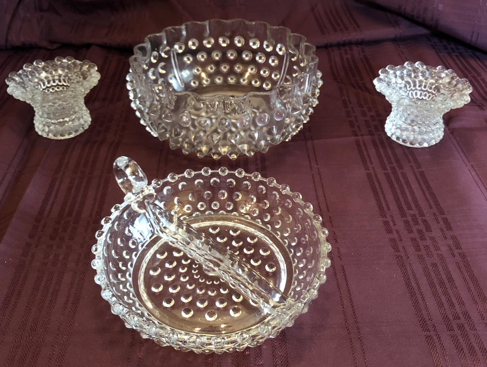 Fenton Clear Hobnail 4 pieces: Pair of candle holders, 6-1/2" bowl, and 6" devided relish
