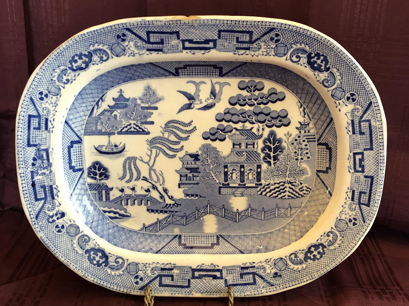 Antique Blue Willow China Platter: 15" Tone Ware with crown mark, see chip in photo
