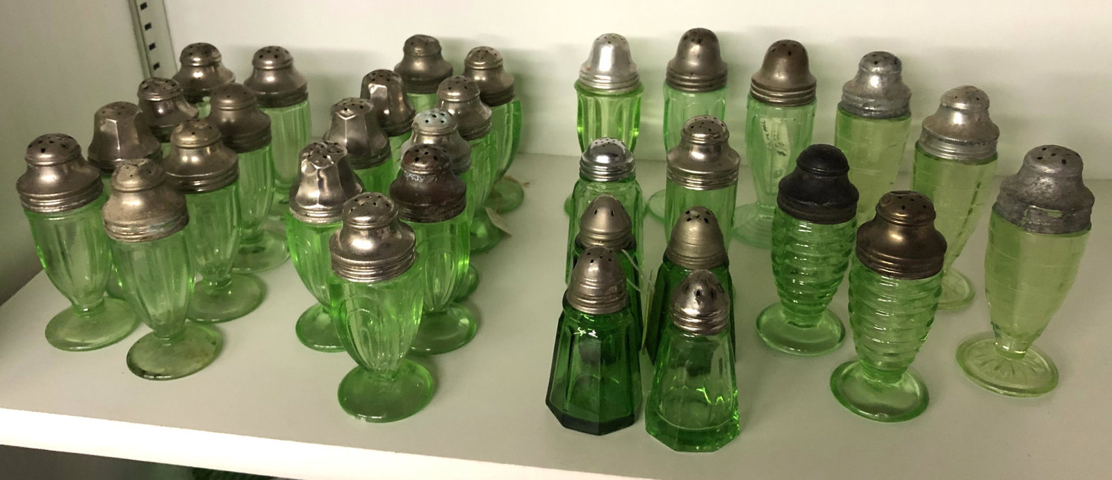 31 Green Depression Glass Salt & Peppers: 13 pairs and 5 odd shakers