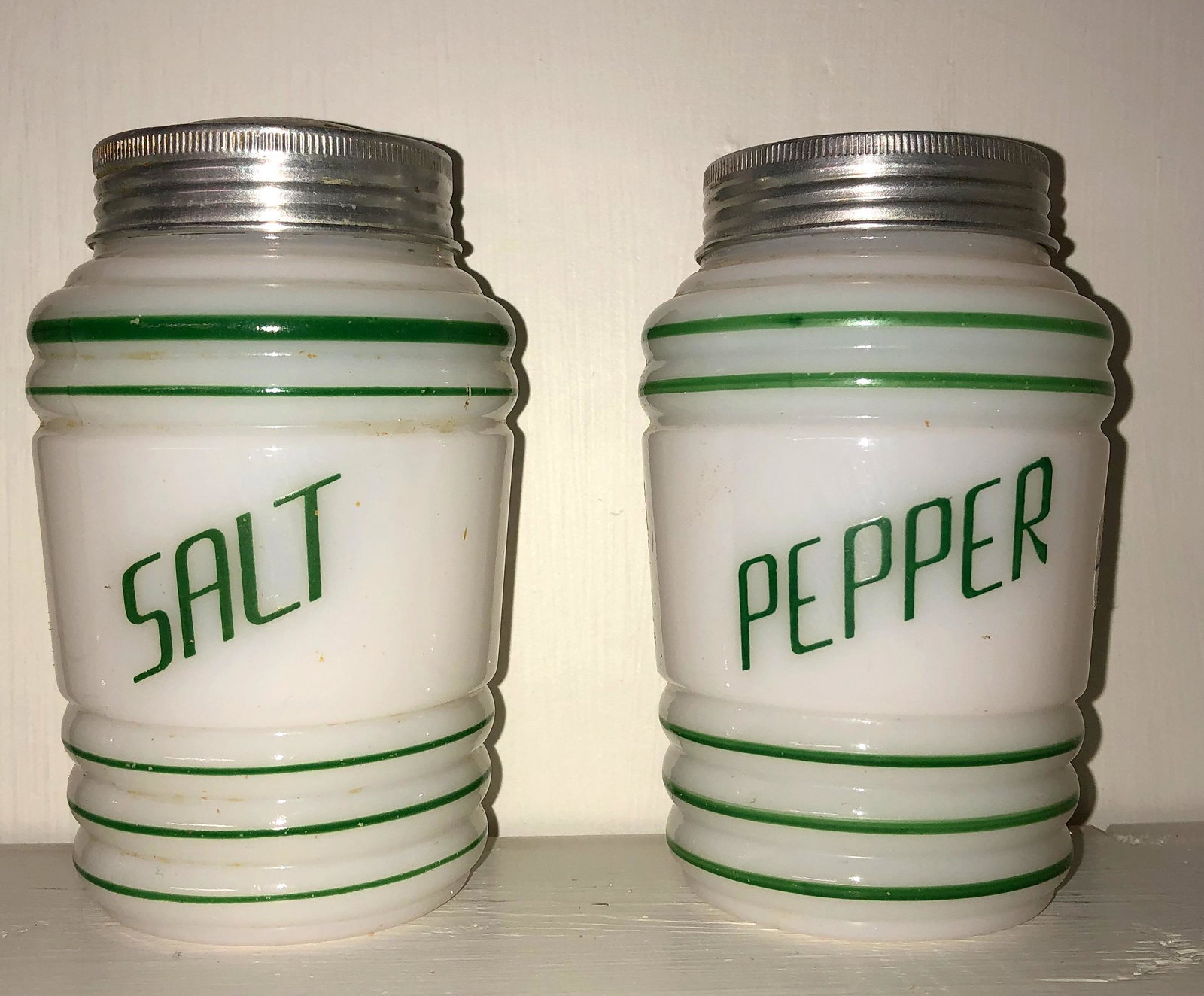 Hocking Glass Co. Salt & Pepper Shakers: Nice set in green over white