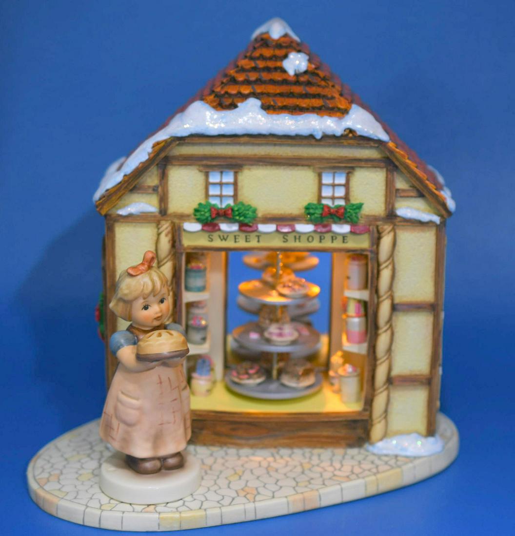 Hummel "Bakery Display": No 1140-D 2007 resin structure measures 8-1/4" tall x 8-1/2" wide, it takes 2 AA batteries to light the display and winds in the back for the music box & turn the lazy suzan with the treats which sopa