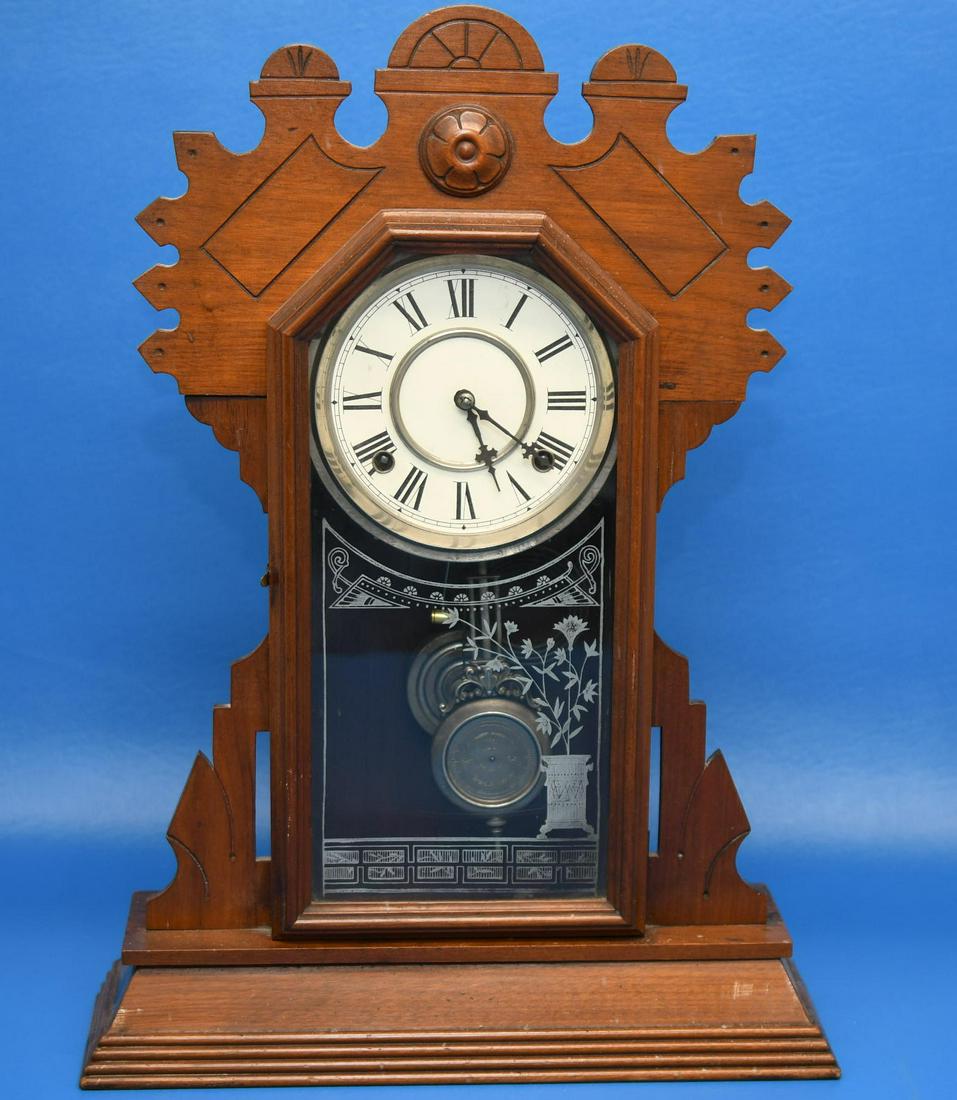 Waterbury Mantle Clock: This Clock is working perfectly after testing for 4 hours, one wood bracket missing in back at top "see photo", 21-1/4" tall base width is 15-1/4", Weight is about 7 lbs