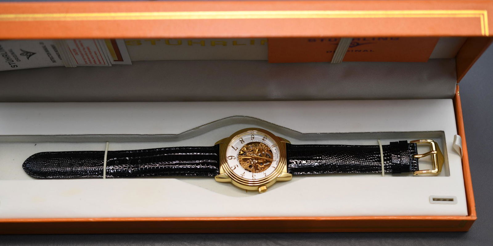 Stuhrling Original Automatic Men's Wrist Watch: All stainless steel body with 20 jewels, Krysterna Crystal, water resistant 50 Meters, genuine leather strap, New in box, approximate weight 1LB