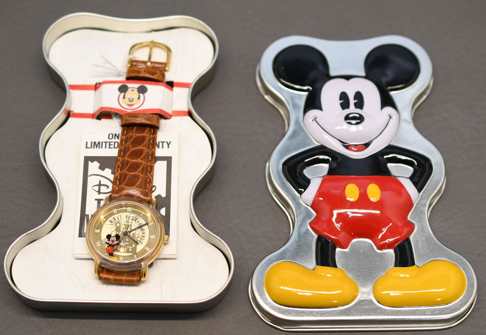 Disney Time Works Wrist Watch: Mickey Mouse, leather strap, stainless steel back, new never worn, approximate weight 4oz