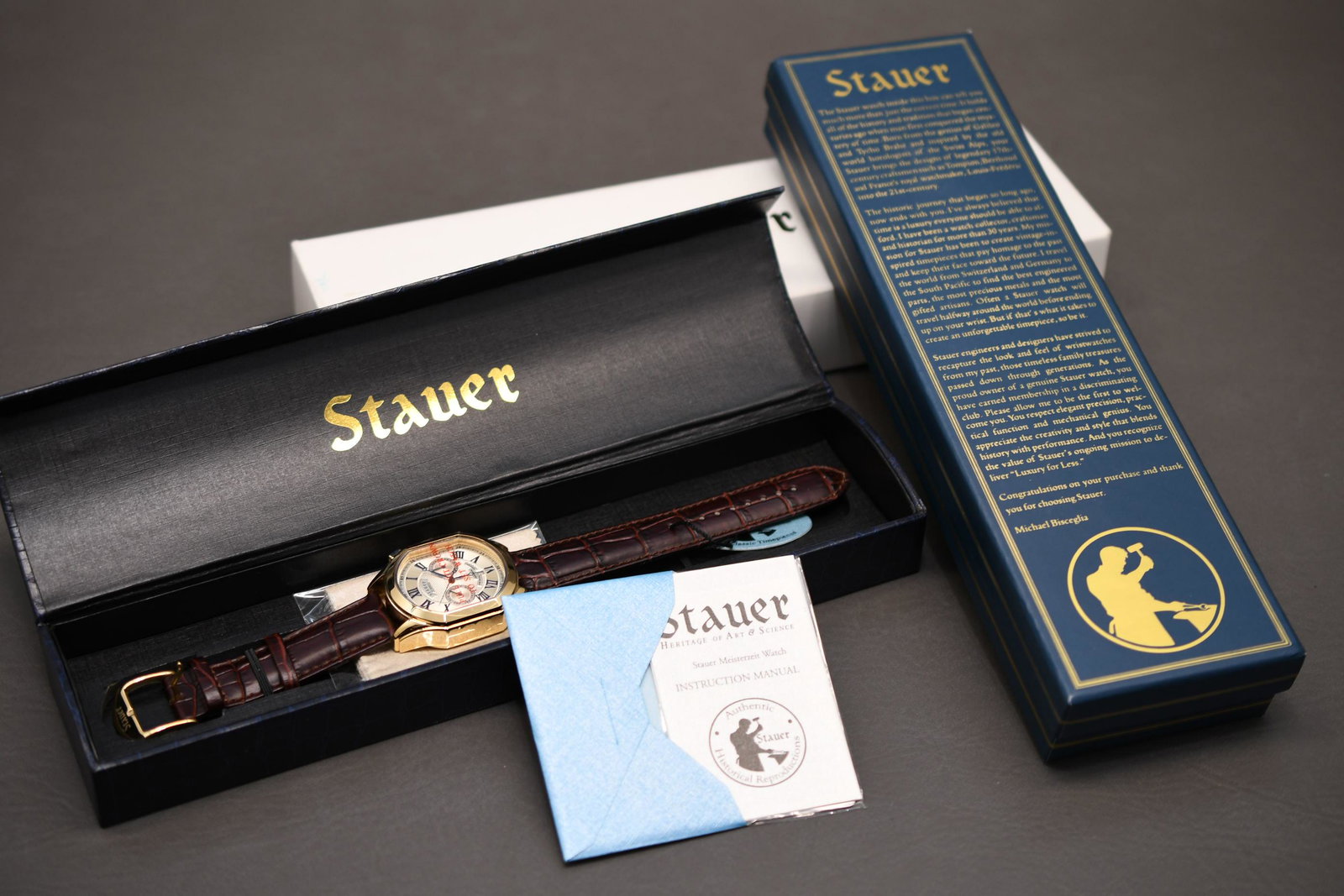 Stauer Wrist Watch: All stainless steel, 3 ATM water resistant, China movement, genuine leather band, new never used, automatic movement, 27 jewels, calendar, approximate total weight 13oz