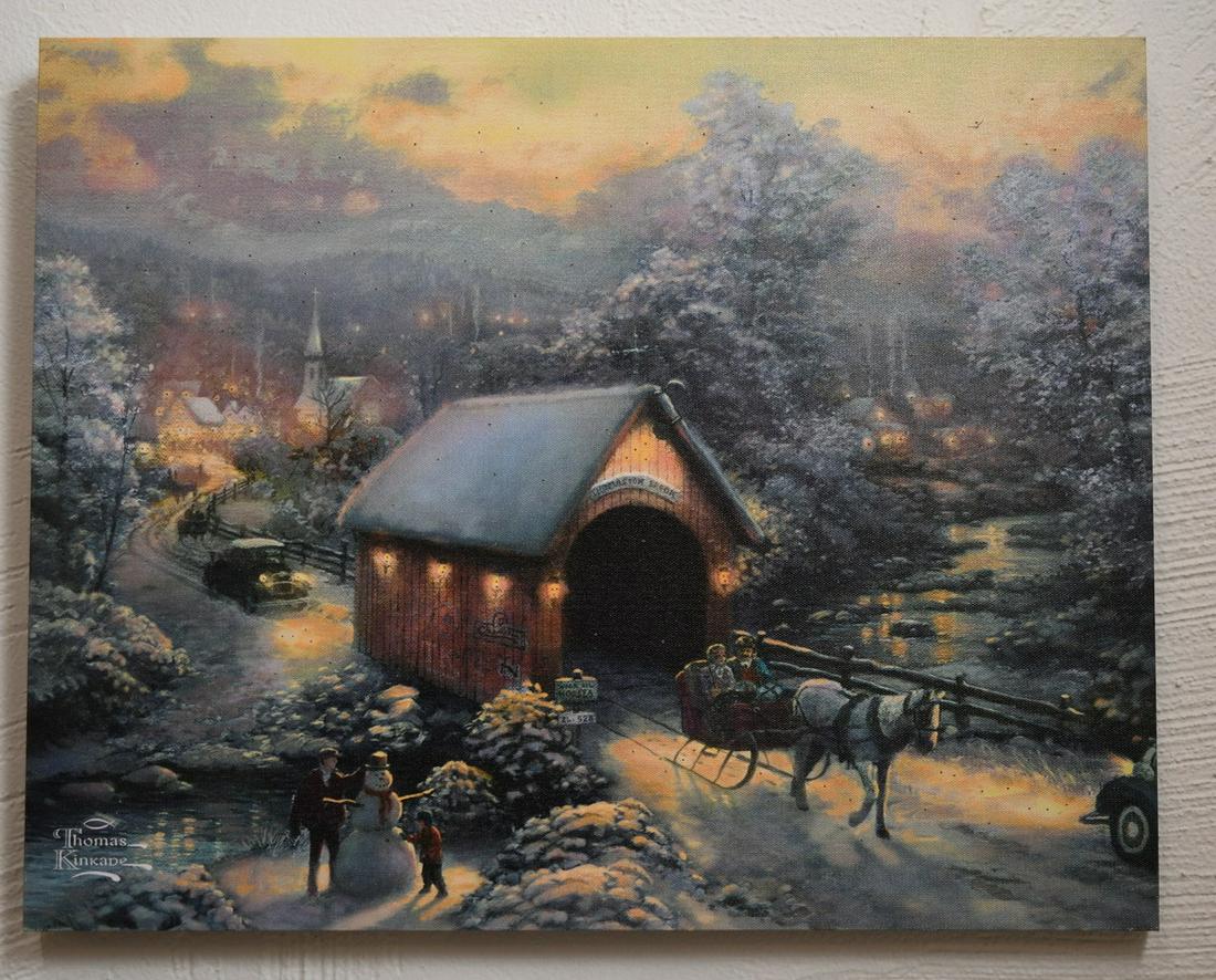 Fiber Optic Lighted Canvas W/Remote Control: Wonderful Thomas Kinkade picture on 19-3/4"x 15-3/4" canvas with blinking fiber optic lights throughout the image giving it the appearance of snow flakes falling "4 AA Batteries not included", weight 