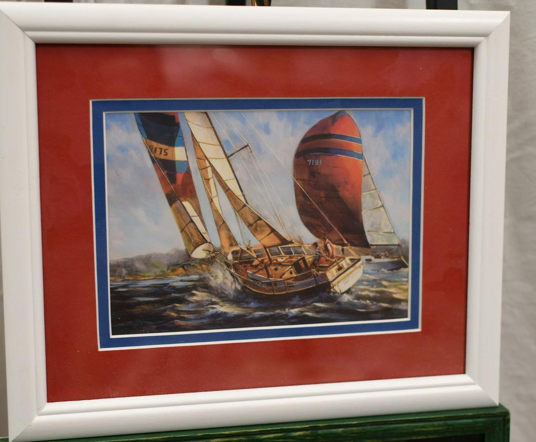 Pair of framed prints: Print by Michael O'Toole of a Sail boat 9-1/2"x 11-1/4", and a Print with a wood sail boat attached in the foreground 11-3/4"x 9-3/4" with combined weight of 2 lbs