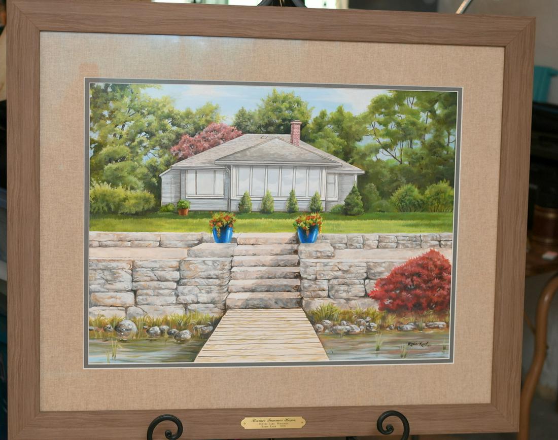 Original Painting by Robin Raab: This is an original painting of the Bremer summer home on Powers Lake in Kenosha County, Wisconsin in 2021. Painting measures 23-1/2"x 17-1/2" and is behind Museum glass 99% UV protected & in a 33-1/2