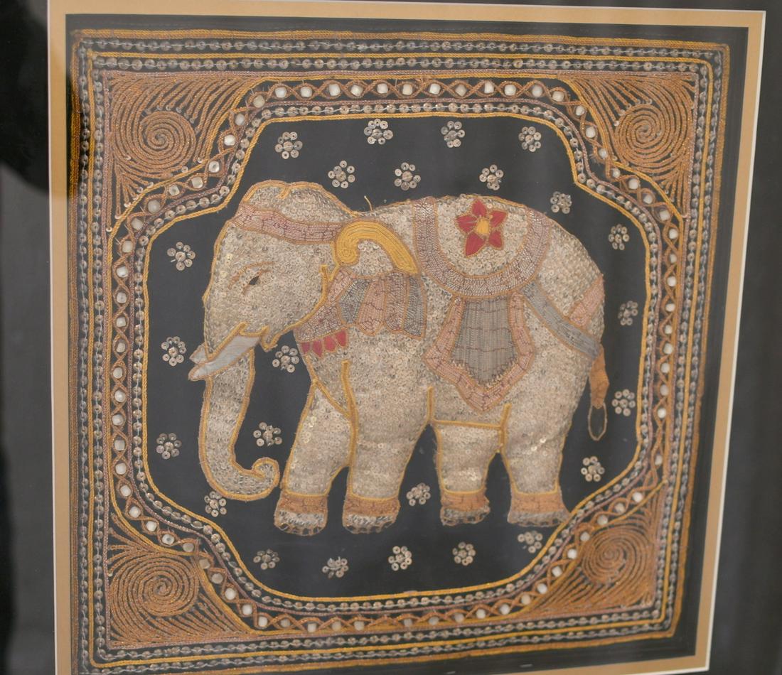 Hindu Hand Stitched Elephant: This is beautifully stitched and professionally framed in a shadow box style frame, the fabric covers about 16-1/2" square and the frame is 24"x 24", weight is 8 lbs 2 oz