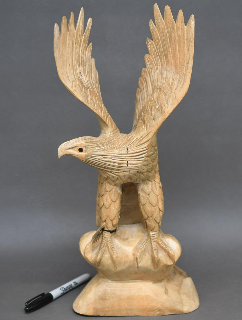 Hand Carved Wood Eagle by Der Lindwurm: This 16-1/2" tall carving is one piece of wood and is 7" wide x 4" and weighs 2 lbs