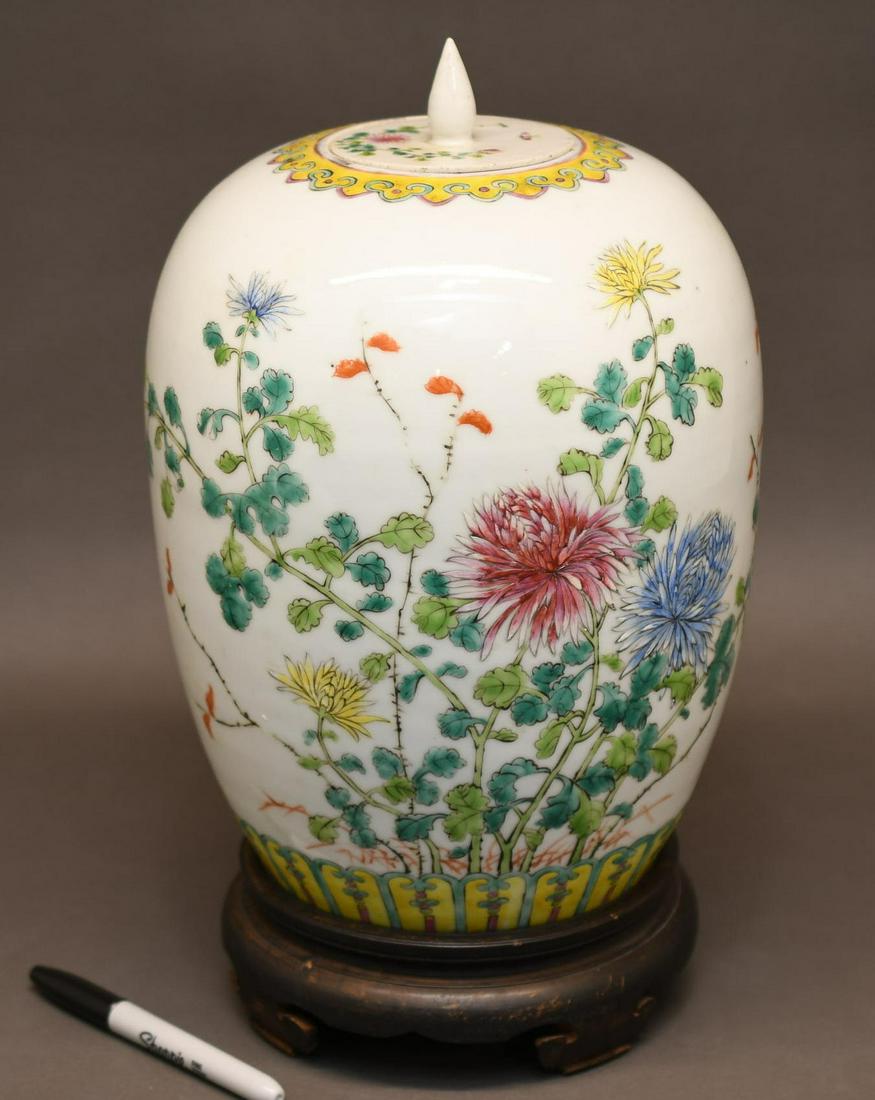 Large Chinese Ginger Jar: Hand Painted measures 10-3/4" tall x 8-1/2" diameter, wood base 2-1/4" tall x 7" tall, lid is 3-5/16" diameter weighs approximately 6lbs 3oz