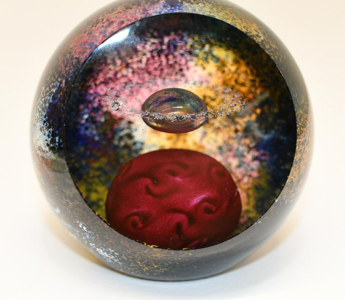 Selkirk art glass Paperweight: Made in Scotland this weighs 3lbs 15 oz & is about 4.5" dia. Looks like planets in space and the smaller one has the Saturn type ring.