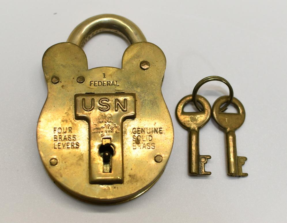W. Bell and Sons USN Old English Brass Padlock: Four Brass levers, 3-3/4" 2-3/4" 5-1/8", both key's work