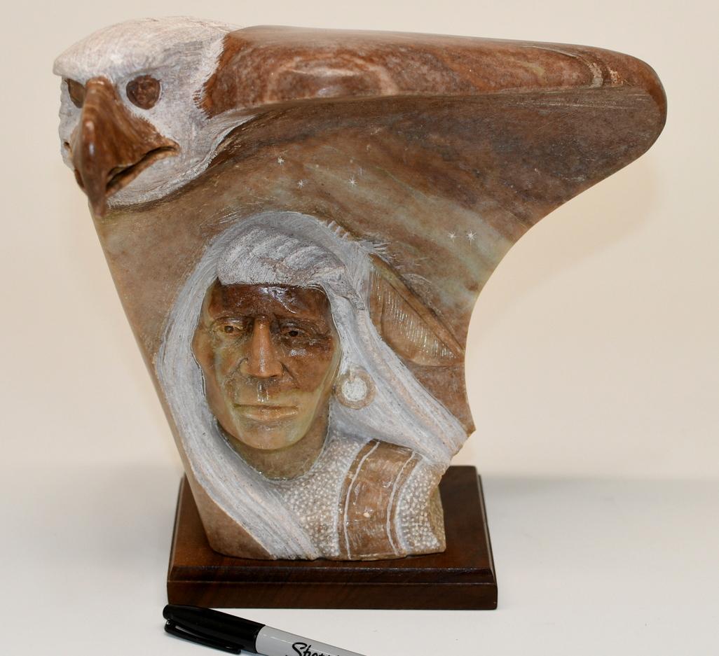 Large Alabaster Sculpture by Alvin Marshall: Alvin Marshall is an Indigenous Navajo Sculptor, born 1959 Approx. 10.5 tall 10.5in wide 6.5in deep 12lb. Sits on Walnut base