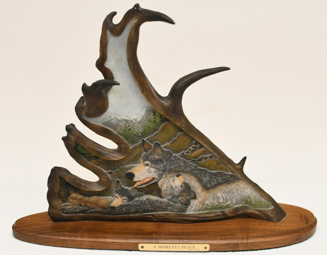 Faux Moose Horn Sculpture By Lance Domonoske: Titled "A Moments Peace" #384/2500 Created in 1993 Hand signed Plaque length 15.75. Antler is 12in wide 11.25in high. 2lb. Lance Domonoske was a carver/sculptor of horn and antlers in Sterling, Alaska
