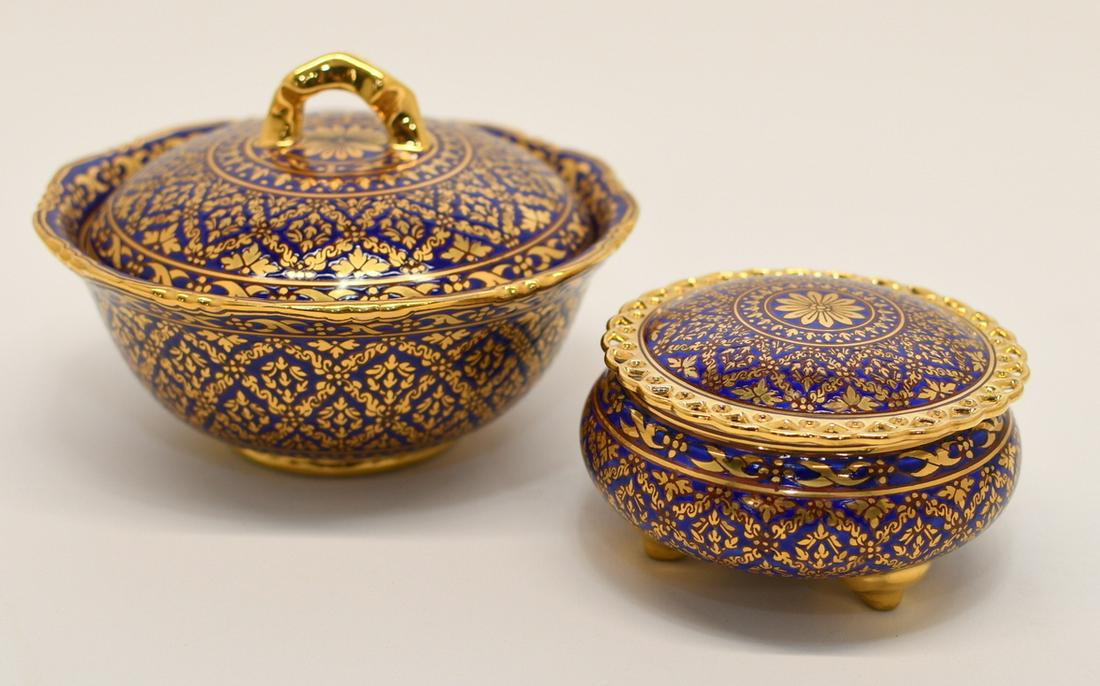 2 Porcelain Covered Dishes: No Markings, Larger dish is 6" diameter at the top and 2" at base, approx. 4.5" high. Three footed smaller dish is 4" in dia approx. 2.5" high total weight is 1.5 lb.