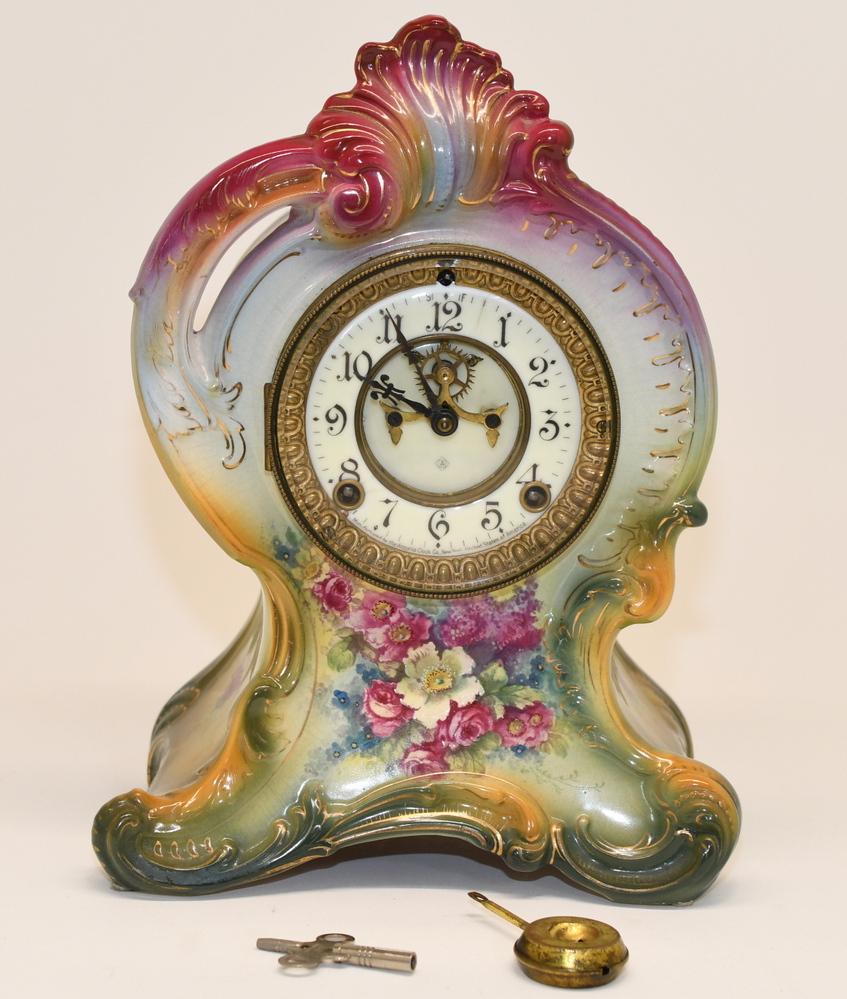 Ansonia Royal Bonn FM 1755, Germany China Case Mantle: See photos, Time & Strike Movement, the springs are not wound tight, the Swiss made key and the pendulum pictured are the ones that where stored in the clock body at the estate.