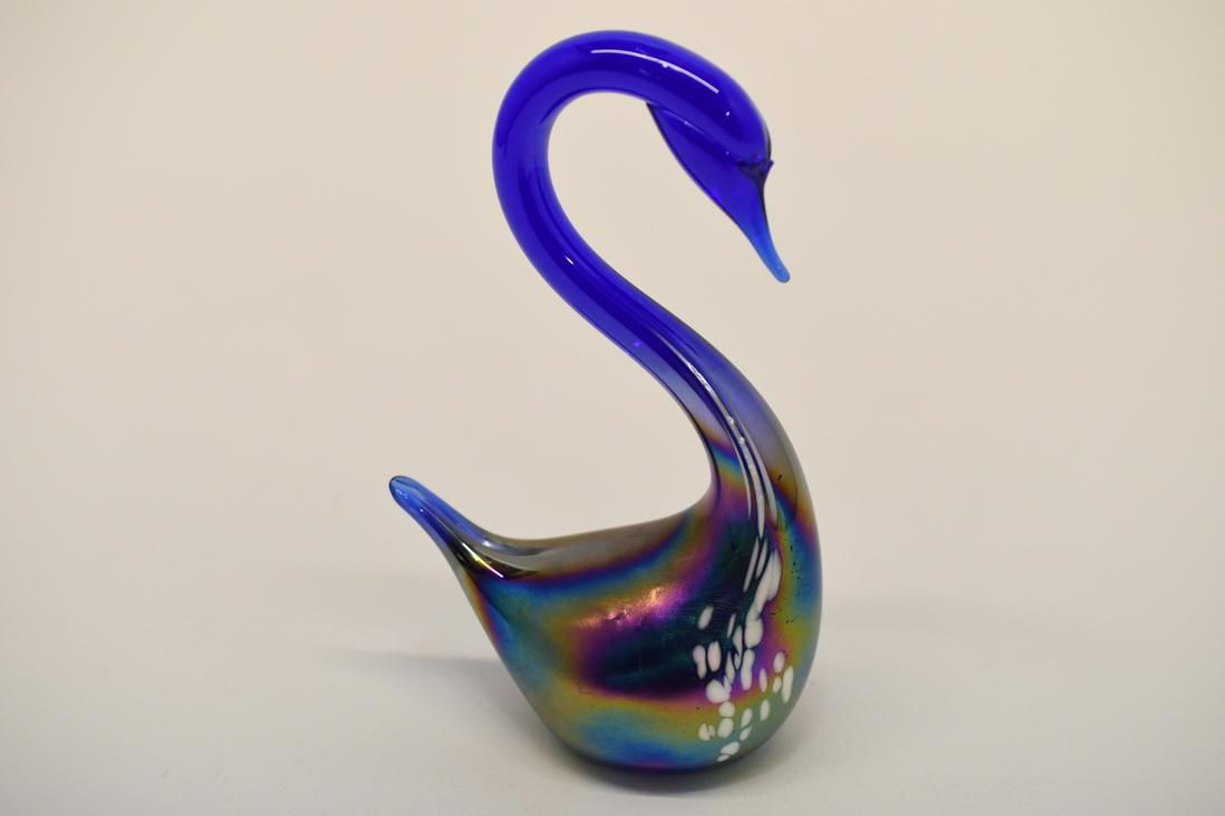 Art Glass Swan: Solid cobalt blue iridescent with white glass accents, no markings 6.5" tall and weighs 15 oz