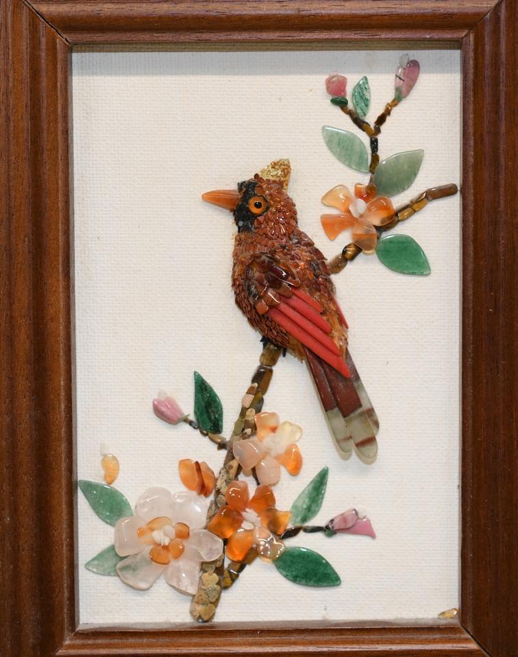 Gem Stone Art Key Storage: This beautiful Gem Stone Bird & Flowers is applied to an canvas artboard in a hinged wood frame with key storage, it measures 9-5/8" x 5-3/4", the canvas is 4"x 6". Weight is 1 lb 7 oz