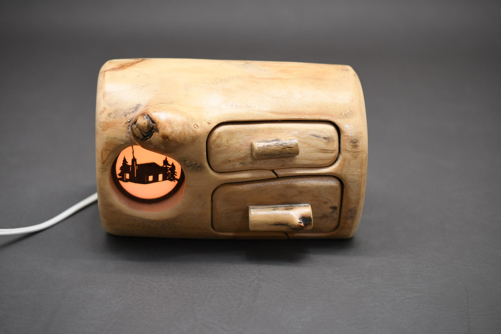 Nightlight Jewelry Chest: Wood Log jewelry box with 2 drawers and night light measures 5" tall x 7-1/4" long x 4" deep, weight approximately 1lb 7oz.