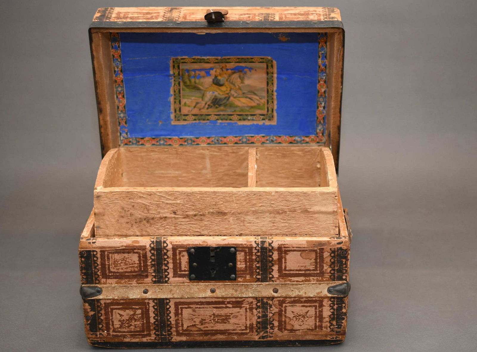 Doll/Salesman Sample? dome top trunk: measures 12" long x 8-1/2" wide x 8-7/8" tall, paper covered wood construction with all metal hardware with leather handles, approximate weight 4lb