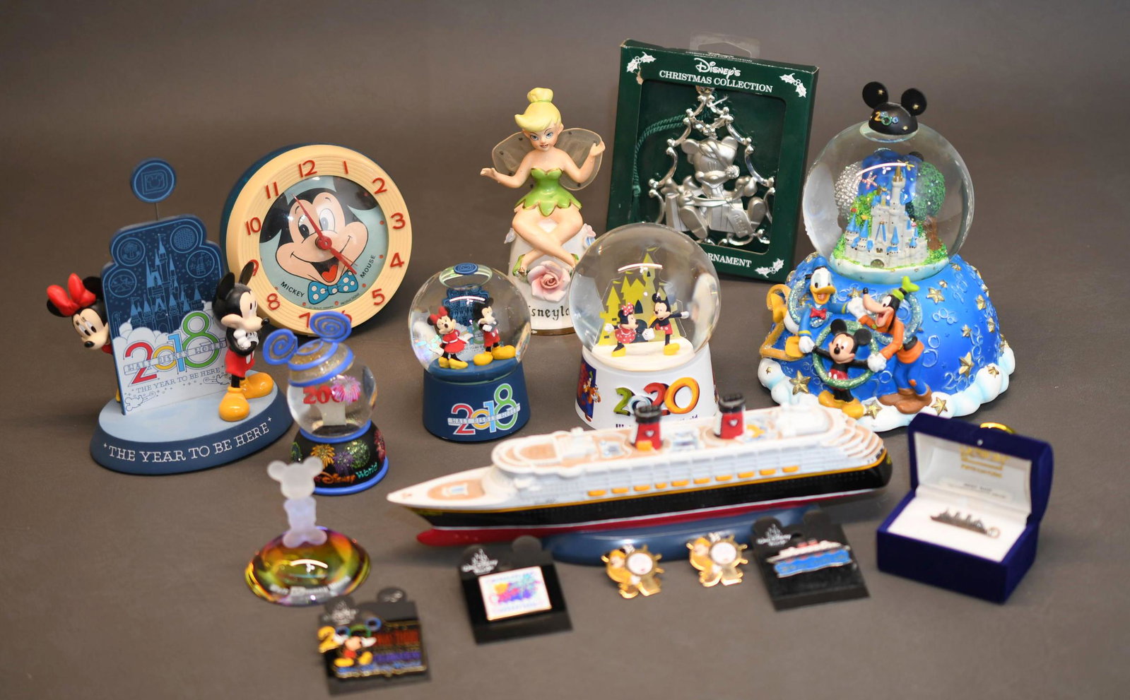 Disney Souvenir Lot: 16 items total, Wind-up Mickey Clock has damaged case and does not wind, small cruise ship in blue box is sterling silver, total combined weight 8lb 4oz