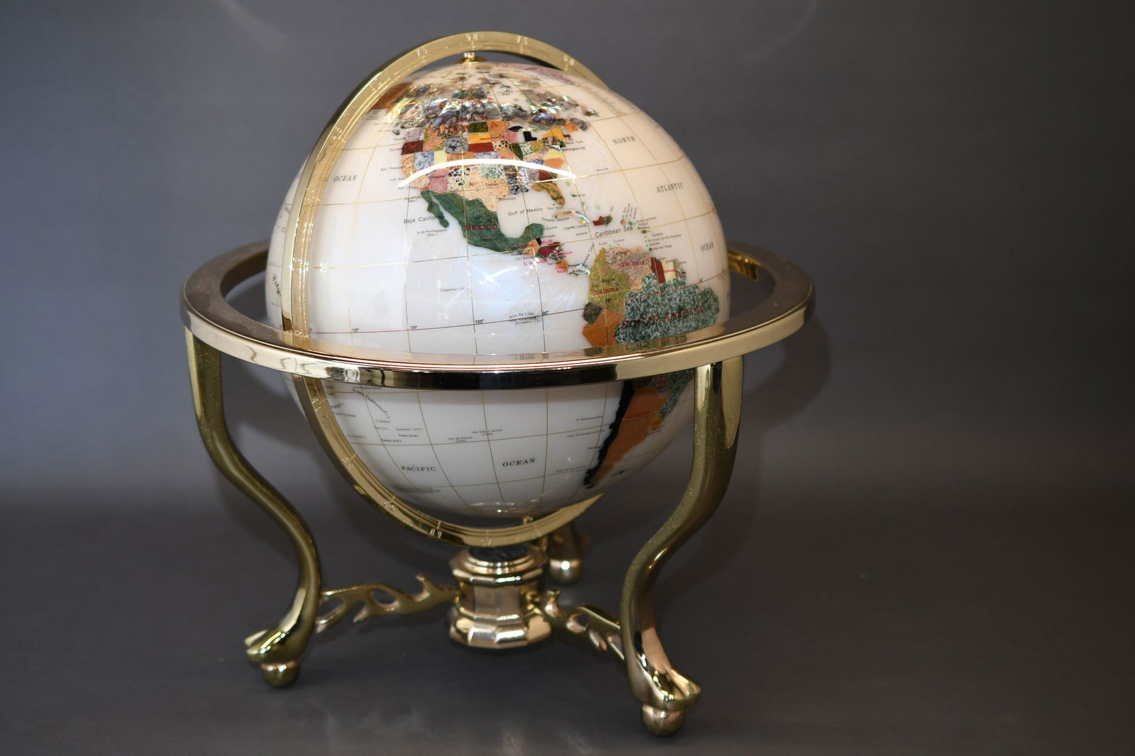 Gemstone World Globe: Total diameter of Stand was approximately 18", diameter of globe approximately 13", total height approximately 19" , approximate weight 19 to 20lbs