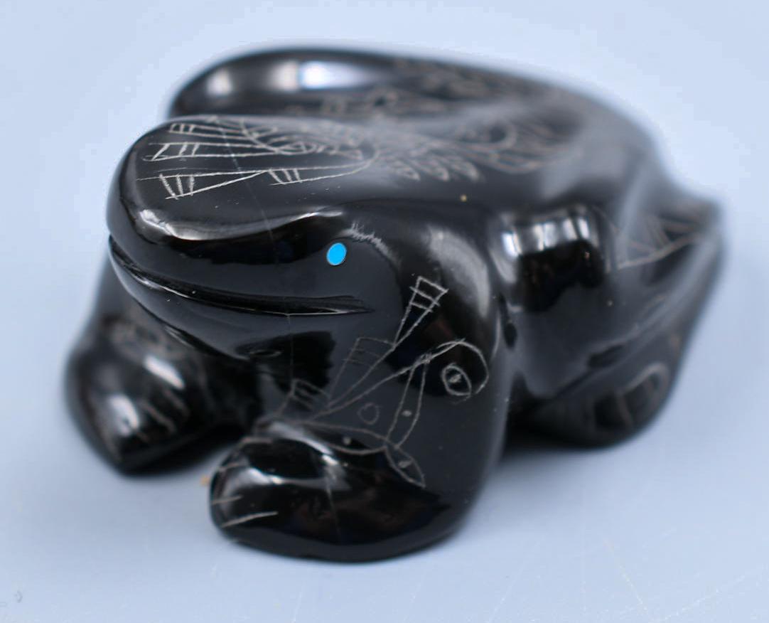 Zuni Frog Fetish, Black with engraving, signed C. G. (1 of 9)