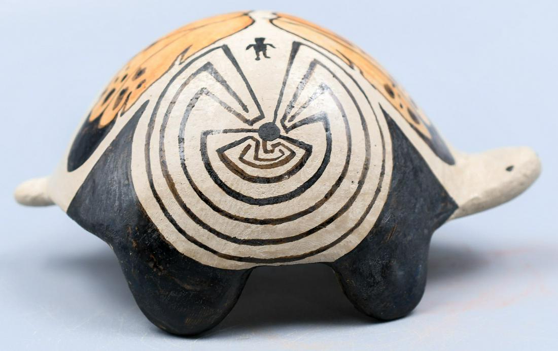 Turtle Decorated with Mazes and Feathers, Angea Tohono O'Odham: 2 inches tall by 3-1/4 inches by 4-1/4 inches, Hand coiled