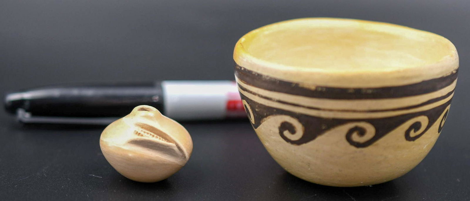 Bowl with waves, Fannie Nampeyo (item 1) & Miniature 1" Corn Pot, Iris Nampeyo (item 2) (Hopi) (1 of 9)