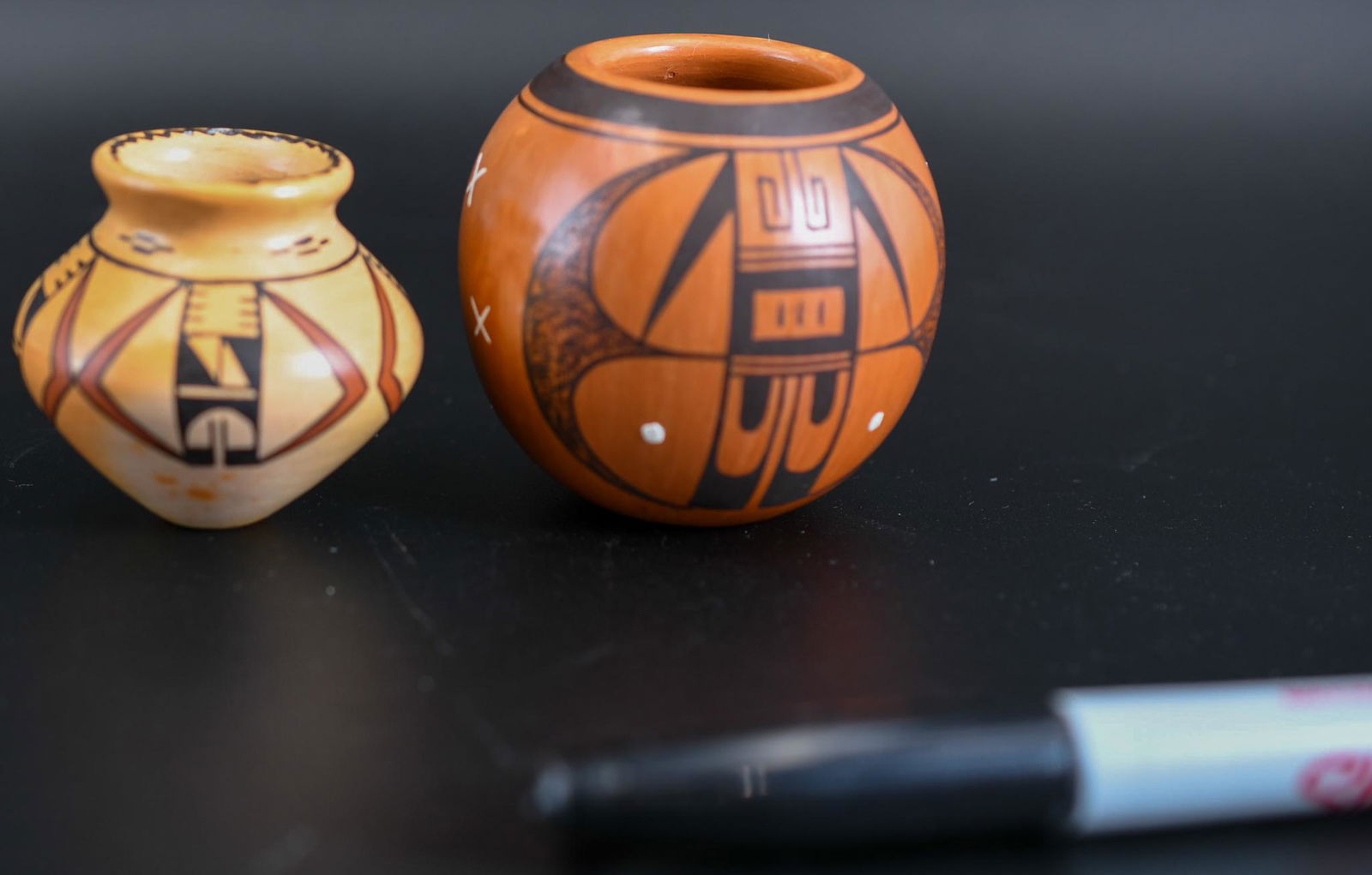 (two items) 1-3/4" Mini Jar with Hopi Designs, Mark Tahbo & 2-1/4" Mini Red Jar with Prayer Feathers (1 of 6)