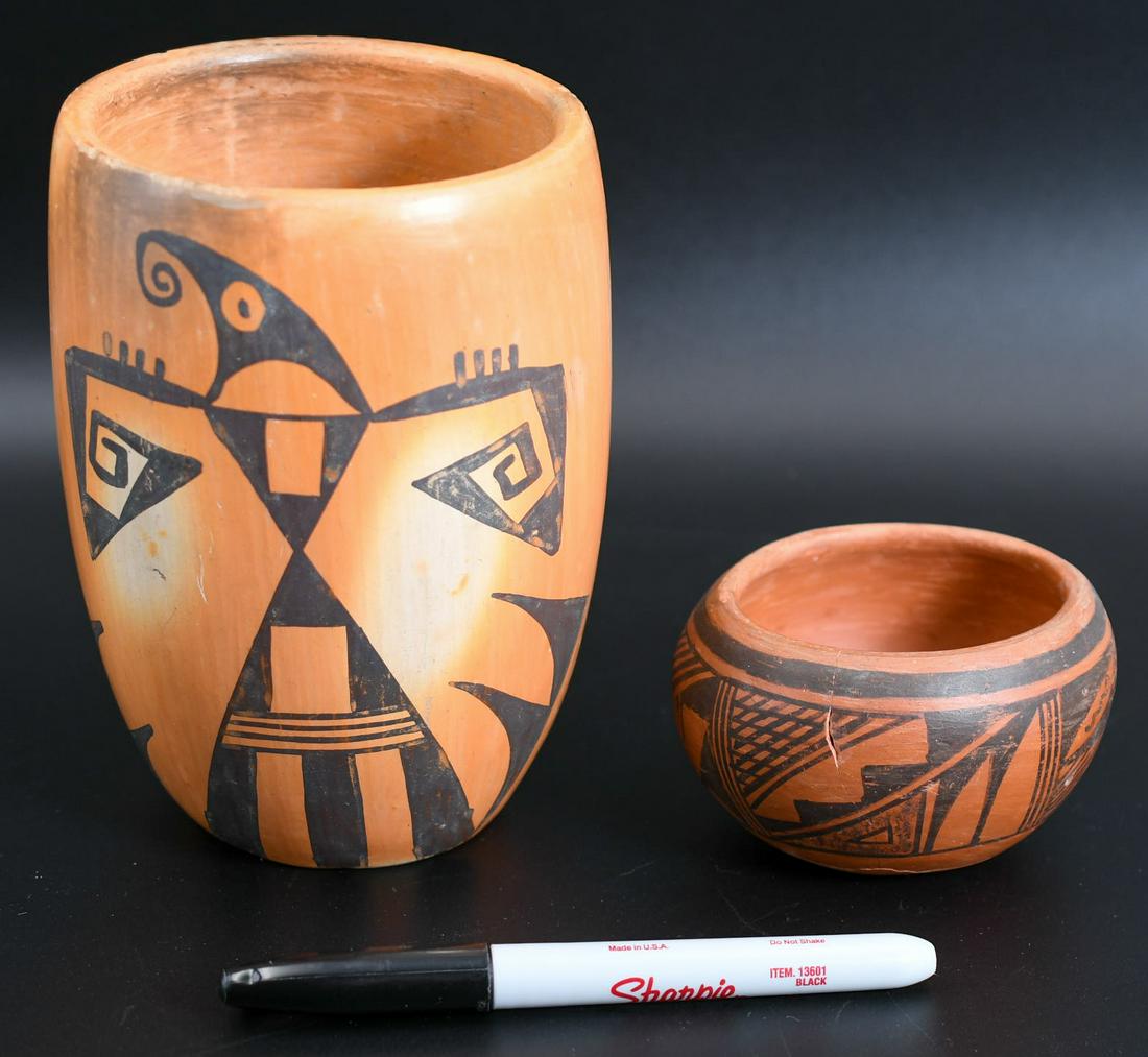 (two items) 2-1/4" Kiva Step Red Bowl, Lucille Namoki & 6" Phoenix Hopi Vase, Patricia Honie (1 of 9)
