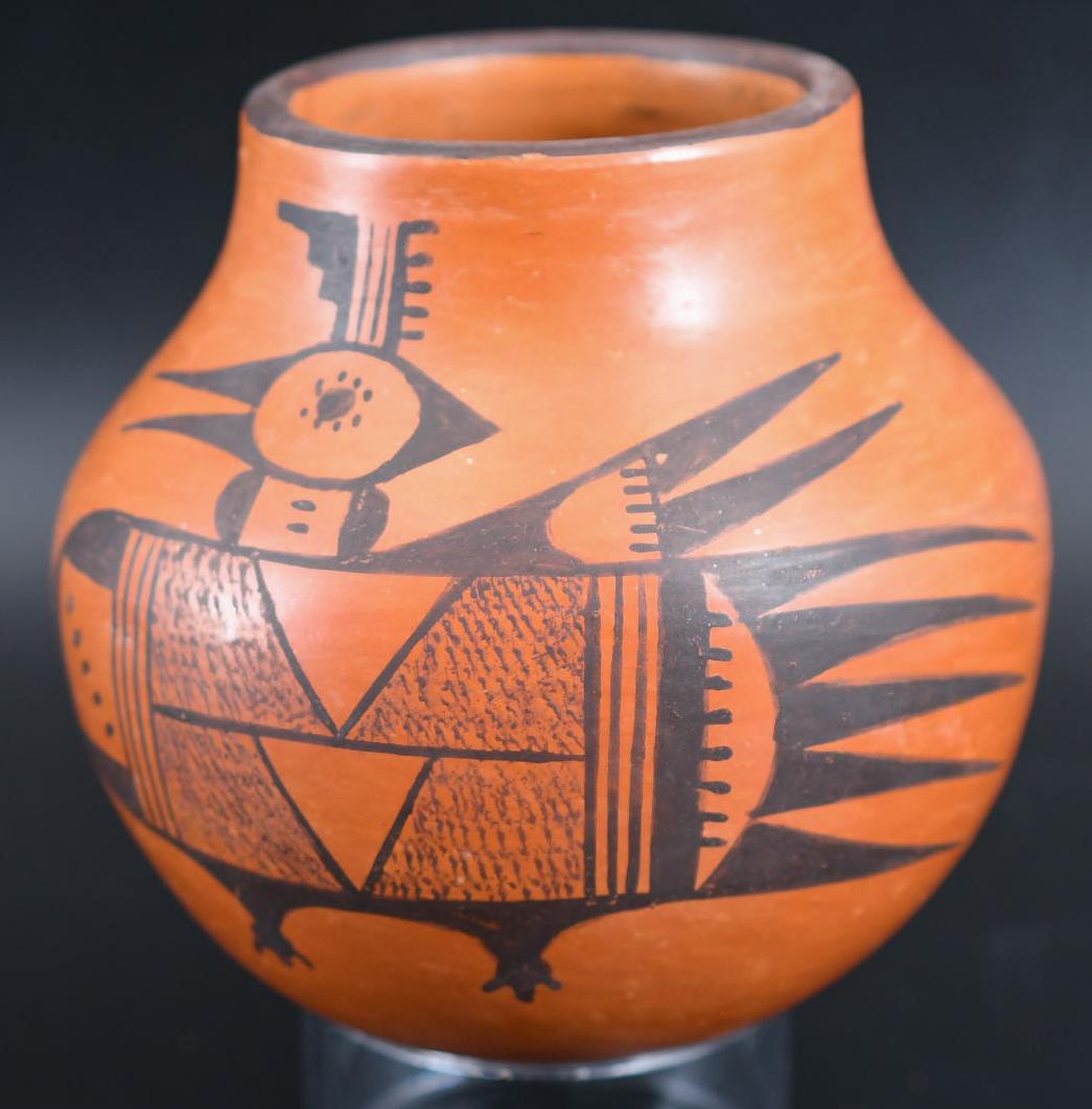 Sityaki Duck 4" Red Jar, Emily M. Komalestewa: 3-3/4 inches tall with 3-3/8 inch diameter. Hand coiled