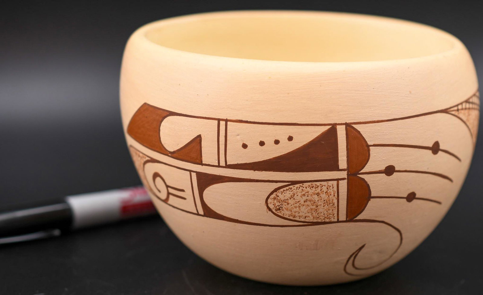 Bowl with Hopi Designs, White Corn Hallmark (Val Northrup): 3-1/4 inches tall with 5 inch diameter; 4th generation removed from original. Hand coiled