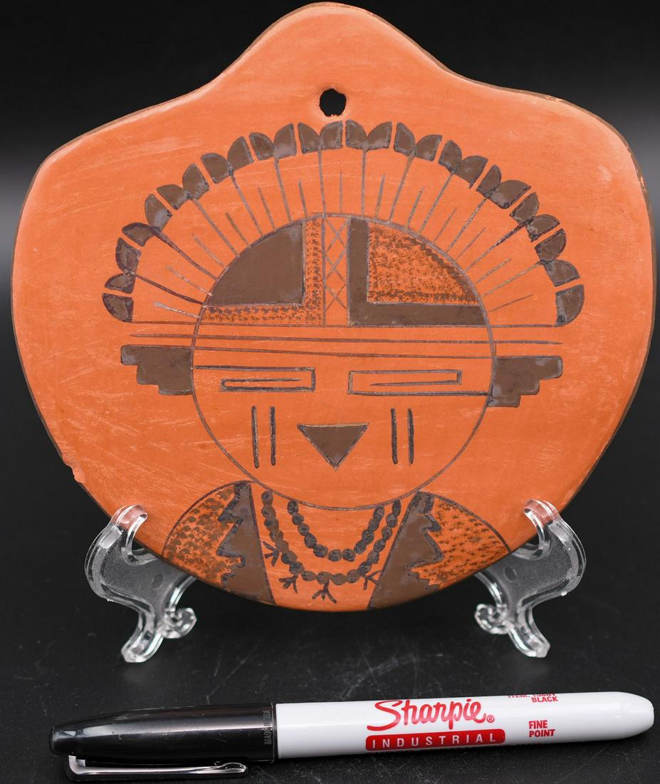 Tile, 6" X 5-1/2" Red Clay, Kachina, Jo Fern Silas Puffer: shield shaped tile, 6 inches wide by 5-1/2 inches tall