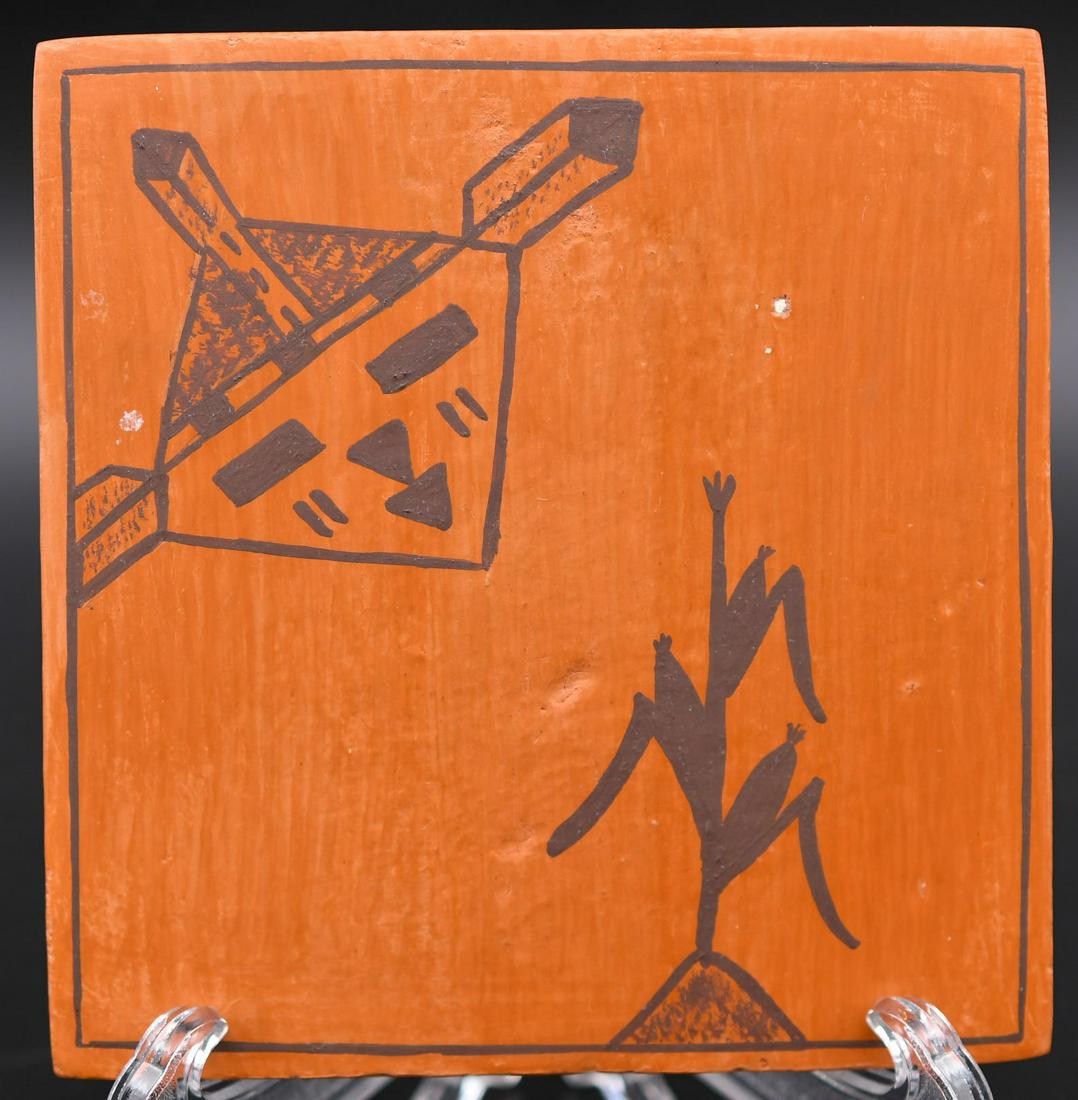 3-3/4" X 3-3/4" Red Tile Kachina and Corn, Popovi Howato: 3-3/4 inch square