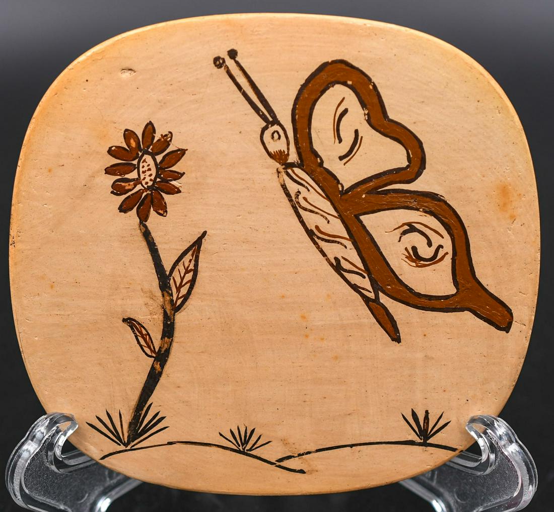 Tile, Butterfly and Flowers, Alice (Adams?): 3-1/2 inches wide by 3-1/4 inches tall