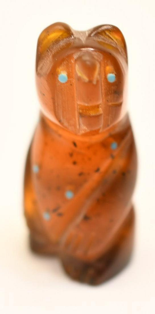Zuni Bear Fetish of Amber, JC: 1-3/4 inches tall by 3/4 inch wide by 3/8 inch deep