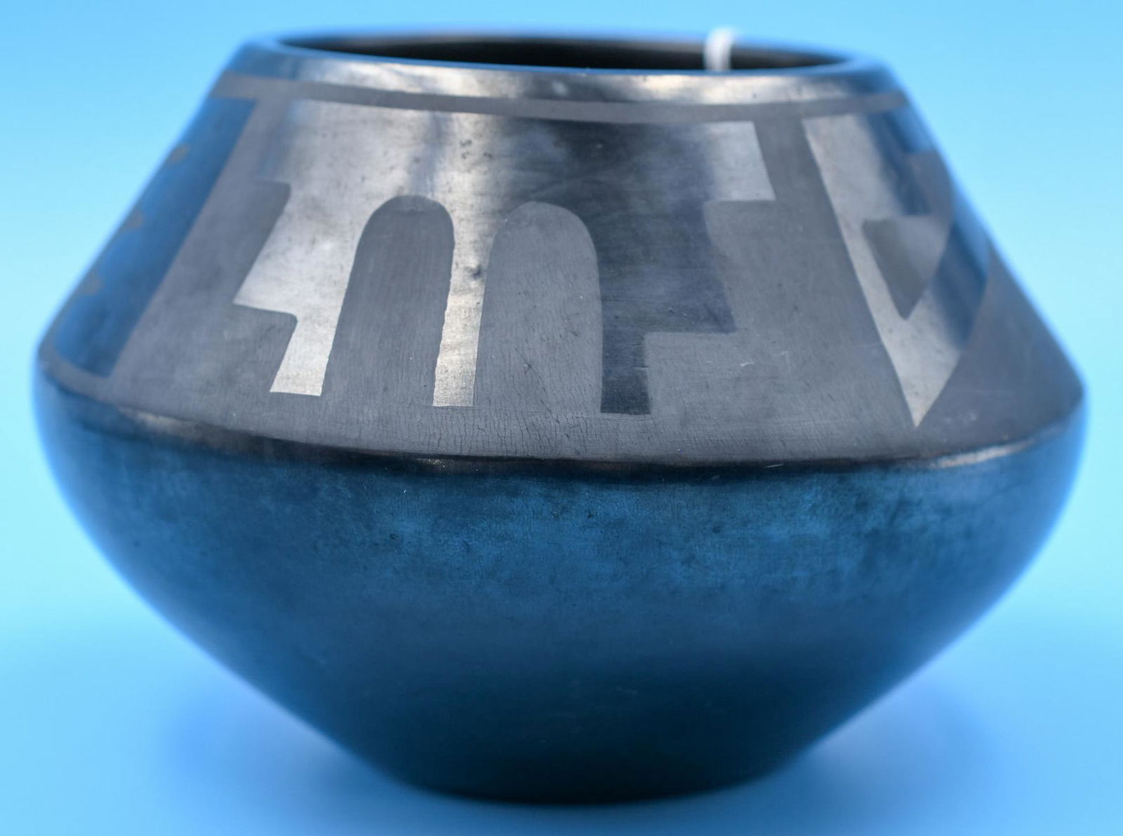 San Ildefonso pottery, Jar, Black on Black, Tonita and Juan Roybal: 4 inches tall with 6 inch diameter. Hand coiled