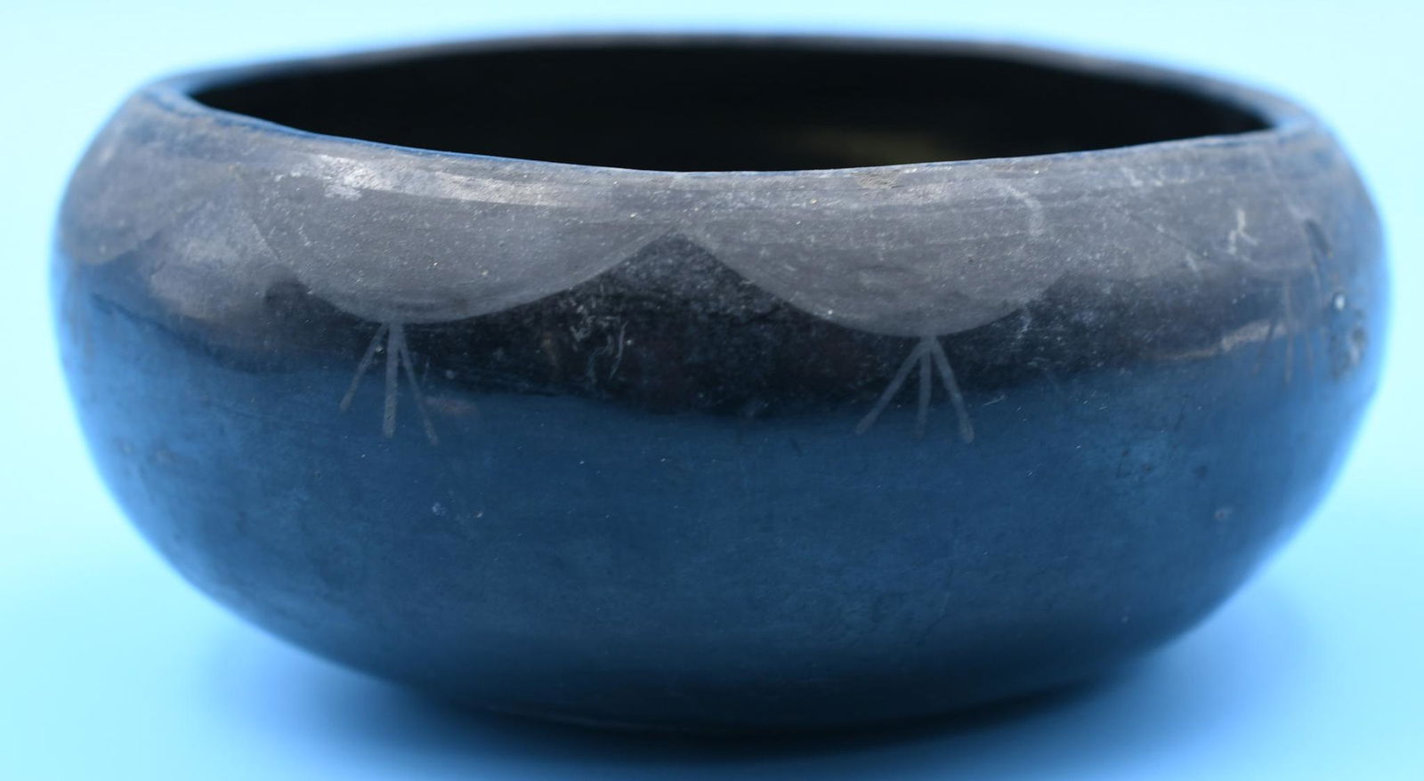 San Ildefonso pottery, Bowl, Black on Black, Susana Aguilar: (Very Old) 2-1/2 inches tall with 5-1/2 inch diameter. Hand coiled